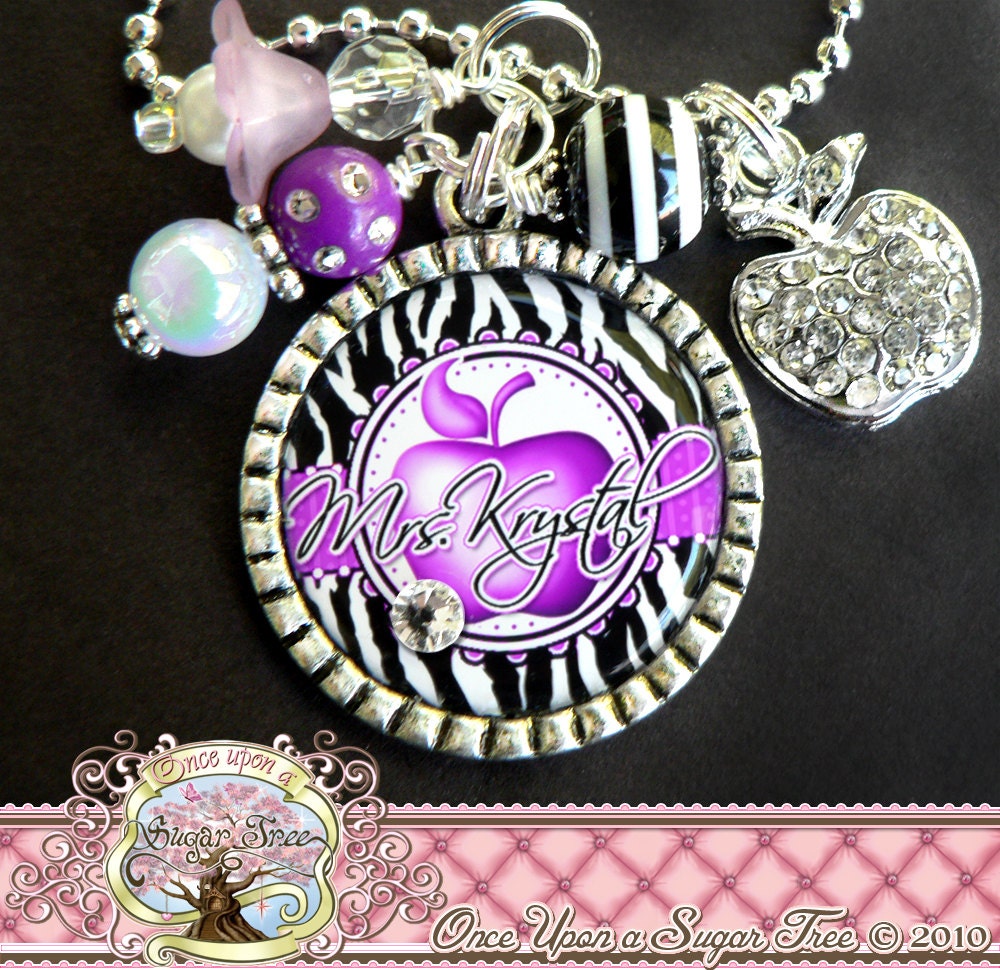 TEACHER GIFT PERSONALIZED Name Bezel Necklace, Zebra Print, Purple Apple, Bottle Cap Bottlecap (or Keychain)-Teacher Appreciation Gift