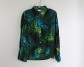Black sheer top with wild velvet blue green & yellow print - small