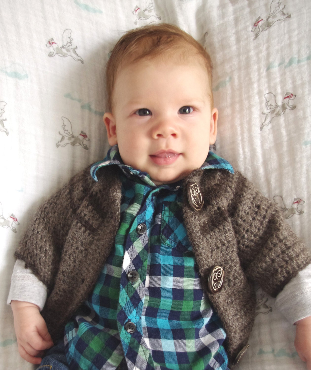 Natural Organic Gray Baby Cardigan Sweater with Stoneware Owl Buttons size 6 months