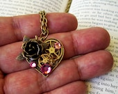 Steampunk Heart Necklace (N190) - Victorian Brass Heart Pendant - Gears and Rose - Swarovski Crystals - Pinks