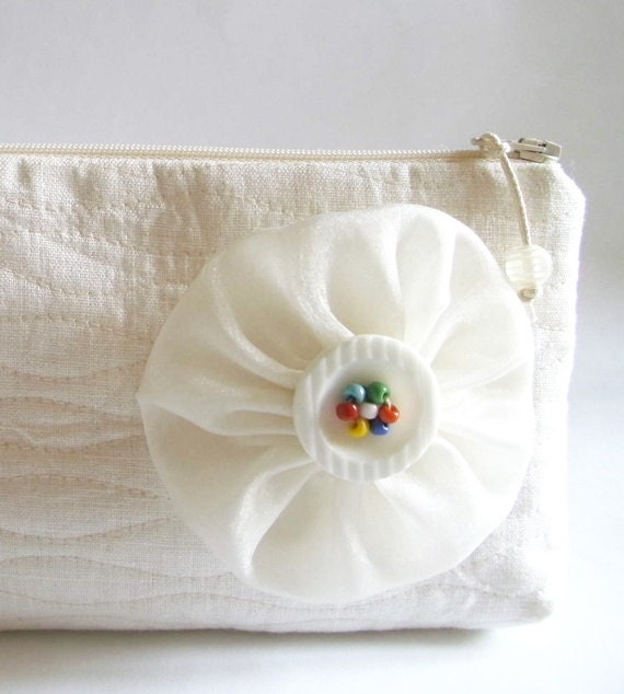 Wedding Bridal / Bridesmaids Clutch with an Ivory Flower Brooch Cosmetic Bag, Personalized Gift