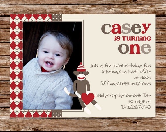 Custom Printable Sock Monkey Birthday Party Invitation with photo Il_570xn