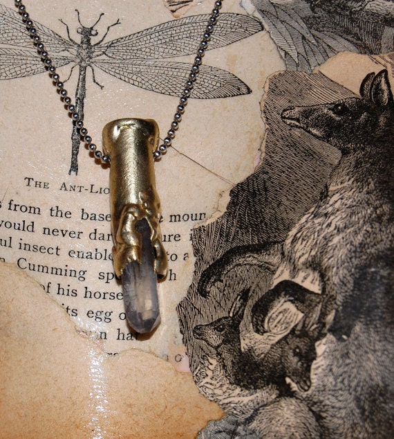 Energy Necklace, Bullet Necklace, Steampunk Pendant, Crystal Quartz Necklace, Steampunk Jewelry, Industrial Bling, Recycled Brass, Brutalist