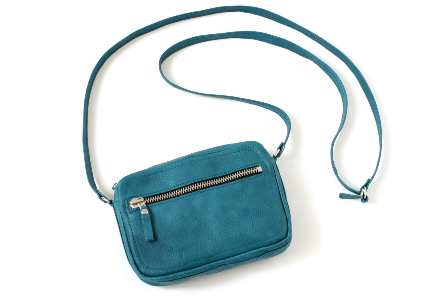 Genuine Leather Double Zipper Crossbody Bag in Blue Coral, adjustable strap, Small, handbag, shoulder bag, purse