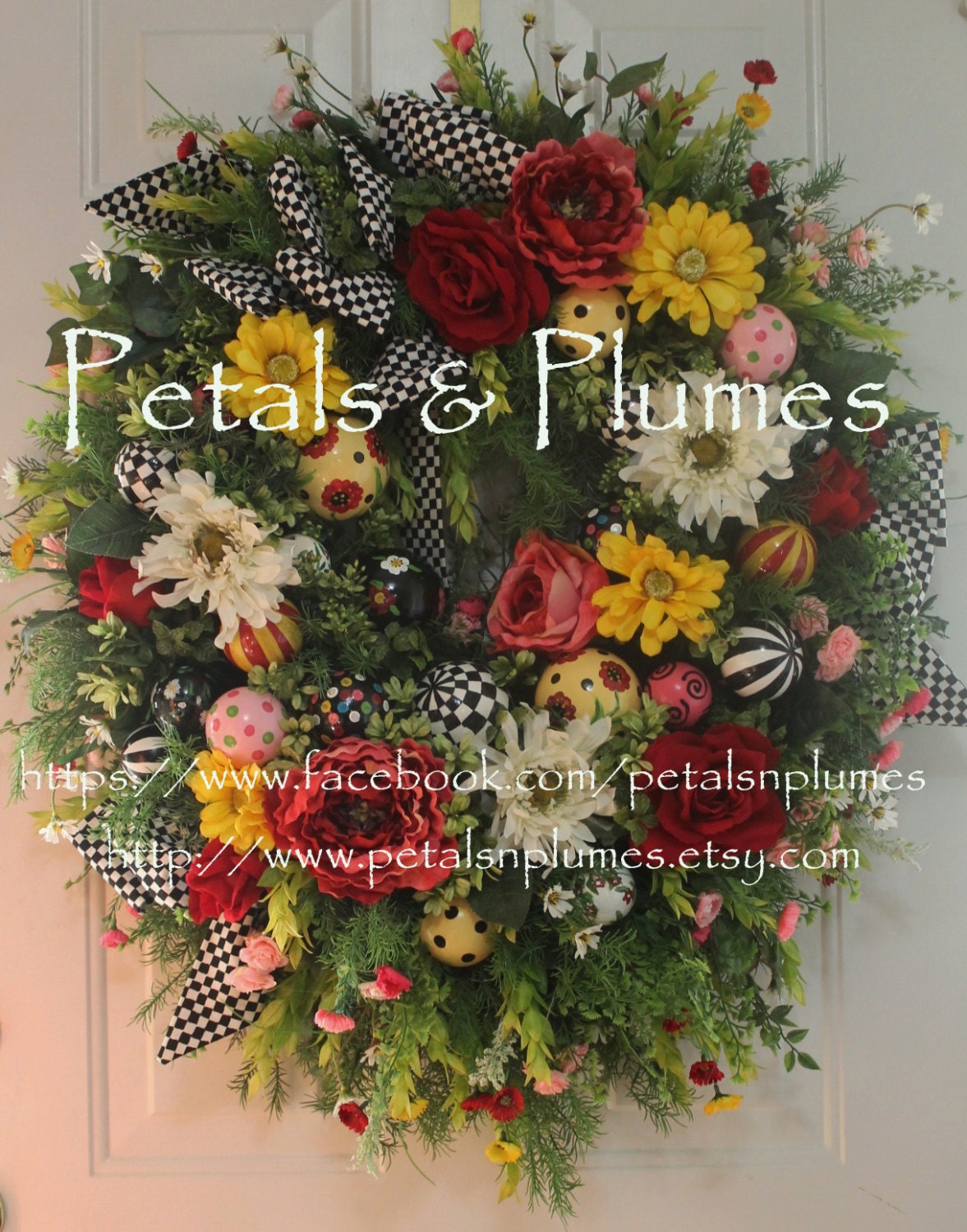 Summer Wreath- Black White Checked -"MADE To Order- (See production time-Ship date) - Mothers Day Wreath - Easter Wreath-Spring Wreath