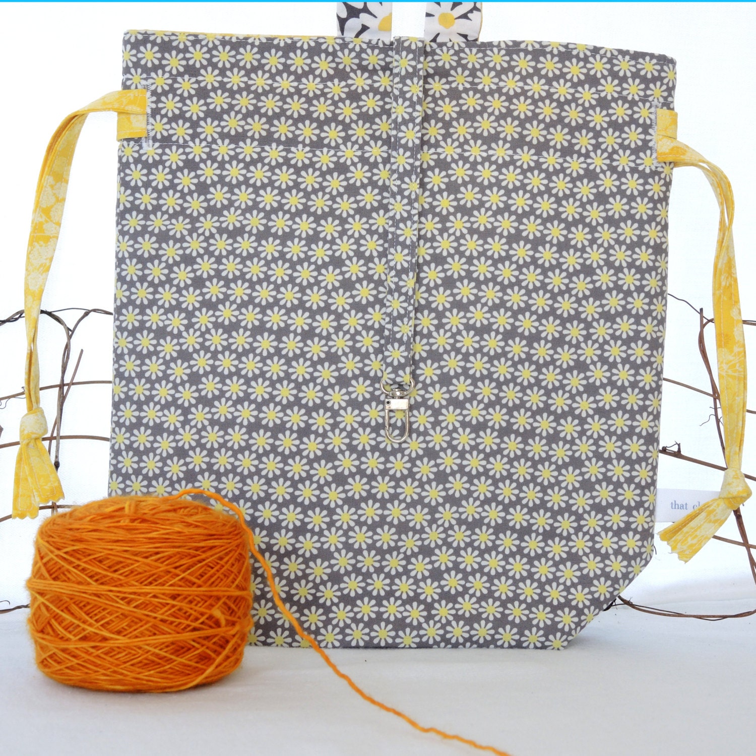 Knitting Bag: Citron & Gray Daisy Print Drawstring Tote Bag