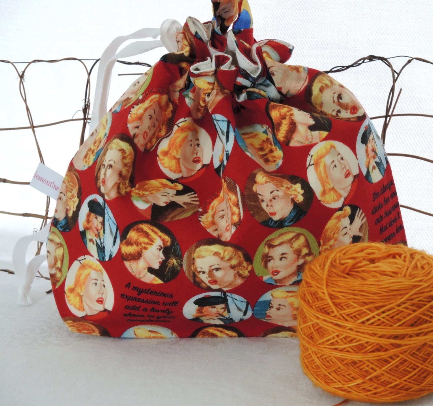 Knitting Bag: Drawstring Project Tote Bag - Nancy Drew Red