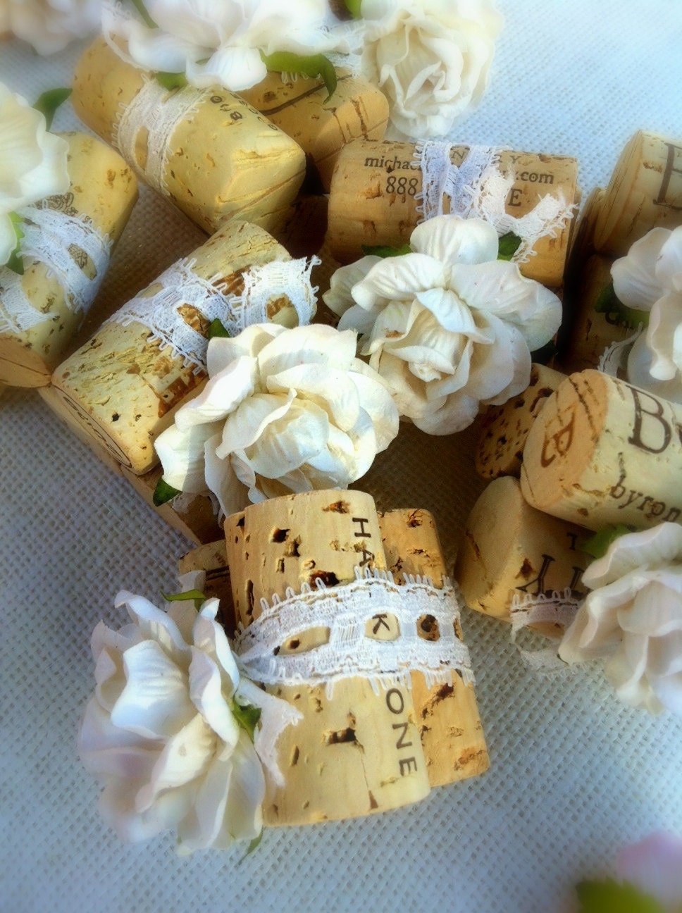 Vintage Ivory Lace Wedding Place Card Holders, Set of Ten, Recycled Wine Corks for Rustic, Shabby Chic, Vineyard Wedding, Winery Wedding