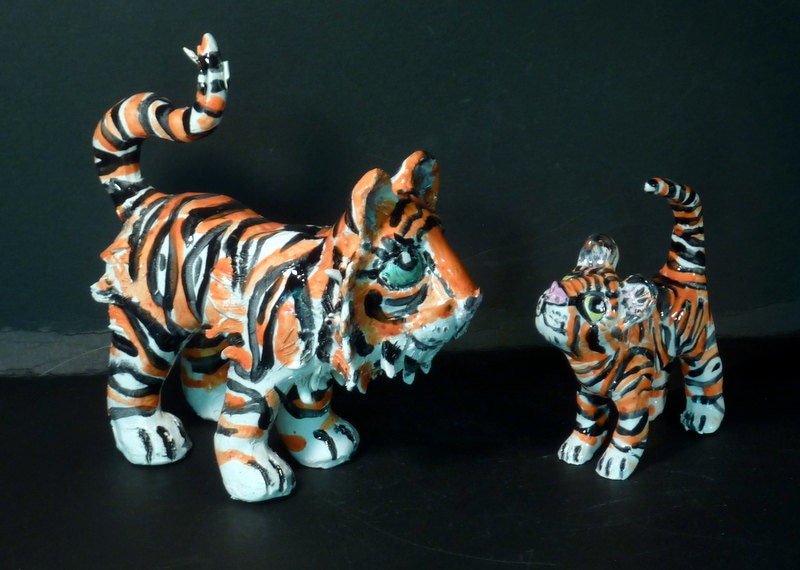 Tiger sculptures handmade in USA from a lump of clay totally unique Price is for two but will seperate