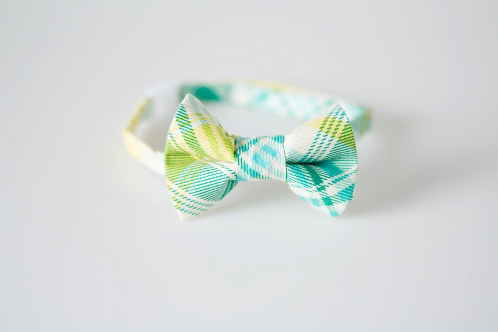 Baby Bow Tie - Aqua, Teal, and Yellow Plaid - Boys Bowtie