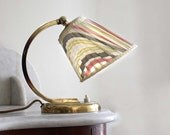 Vintage 1950s Lamp. Small Bedside French Lamp, Metal Base, Pastel Pink Yellow Stripe Shade. Midcentury Lighting. Boho Chic. Gift for Her.