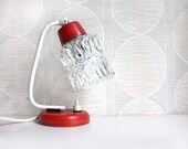 1970s Small Table Lamp. Adjustable Chunky Ice Glass Shade. White and Poppy Red Detail