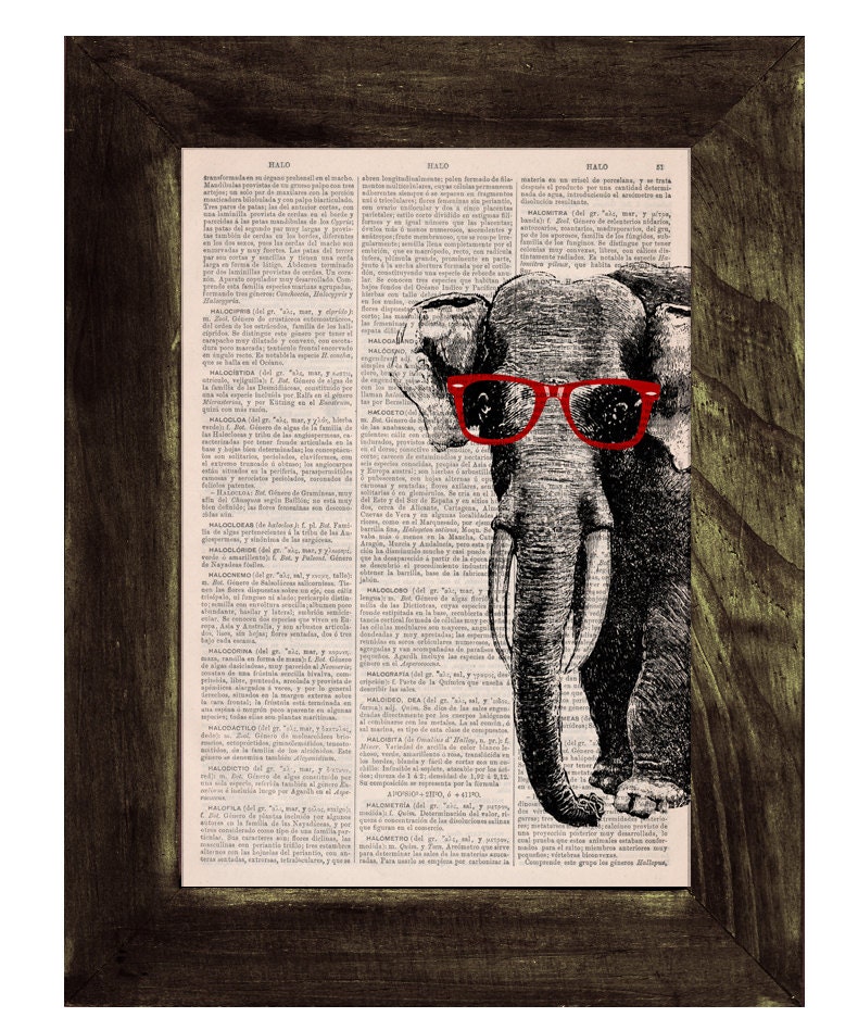 Vintage book print Geek Elephant (with glasses) Print on Vintage Book page- Nursery wall art