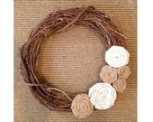 Grapevine Wreath - 14" - White & Natural Burlap Flowers