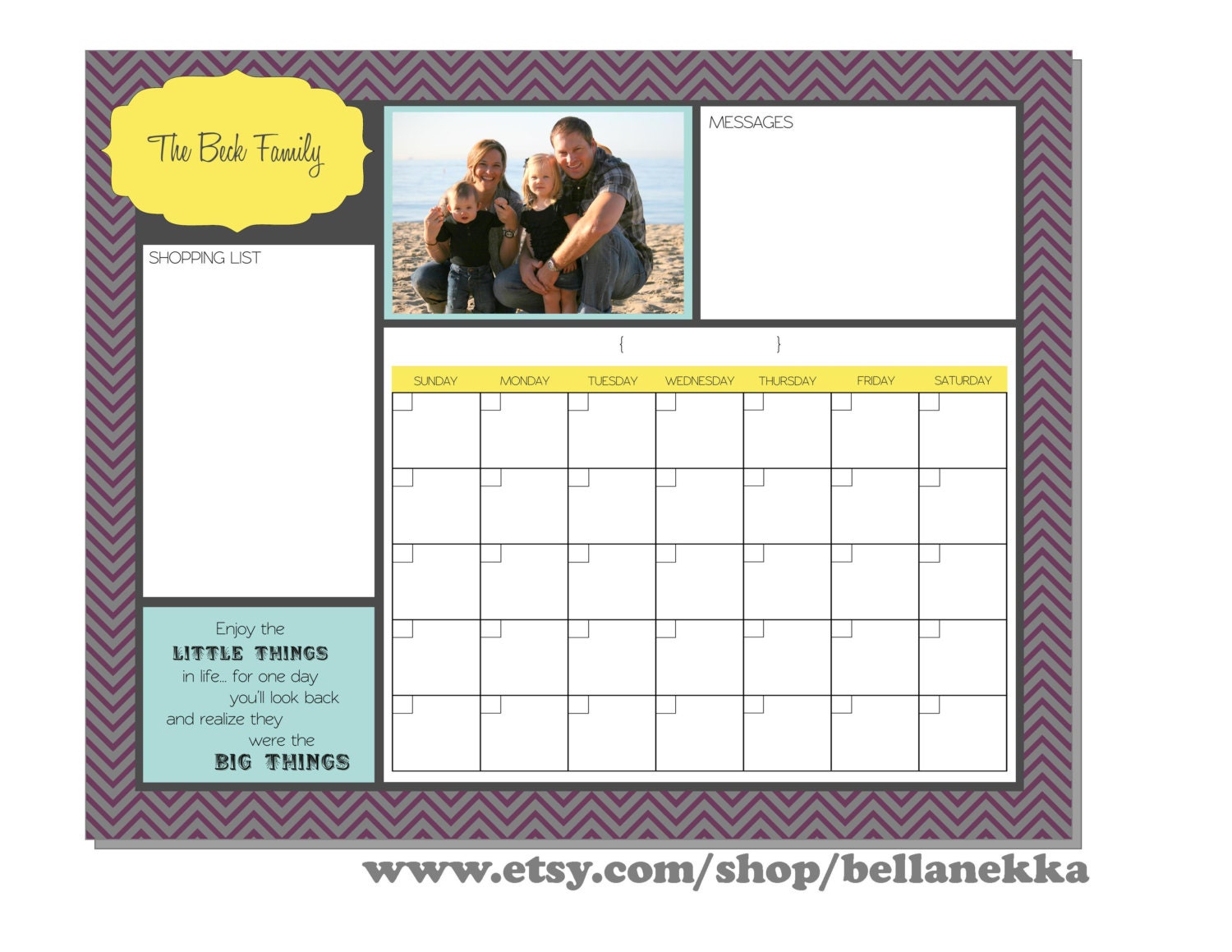 Custom Printable Family Dry Erase Board Calendar with Photo - your choice of design, quatrefoil, chevron, damask