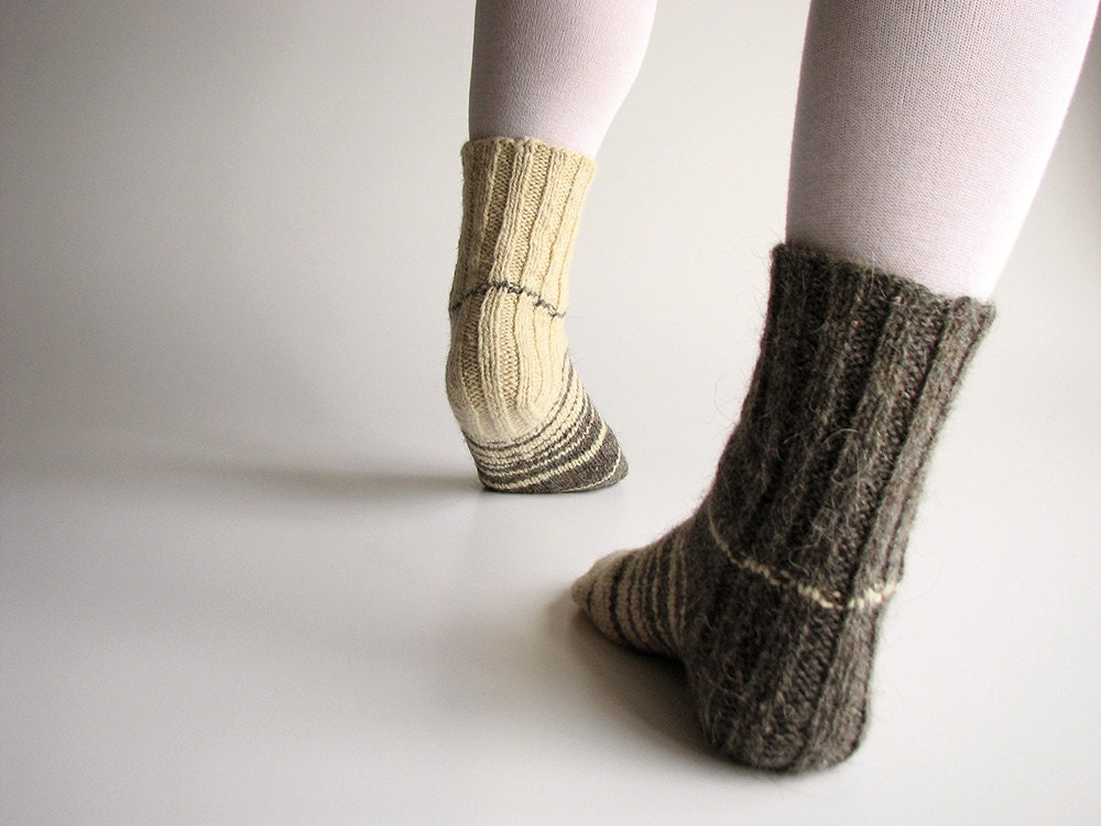 Asymmetrical Striped Hand Knitted Women's Woolen Socks - 100% Natural Organic Undyed Clothing