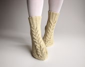 Hand Knitted Braided Cable Women's Socks - 100 % Natural Organic Wollen Eco Clothing - Unbleached White Wool Yarn - milleta