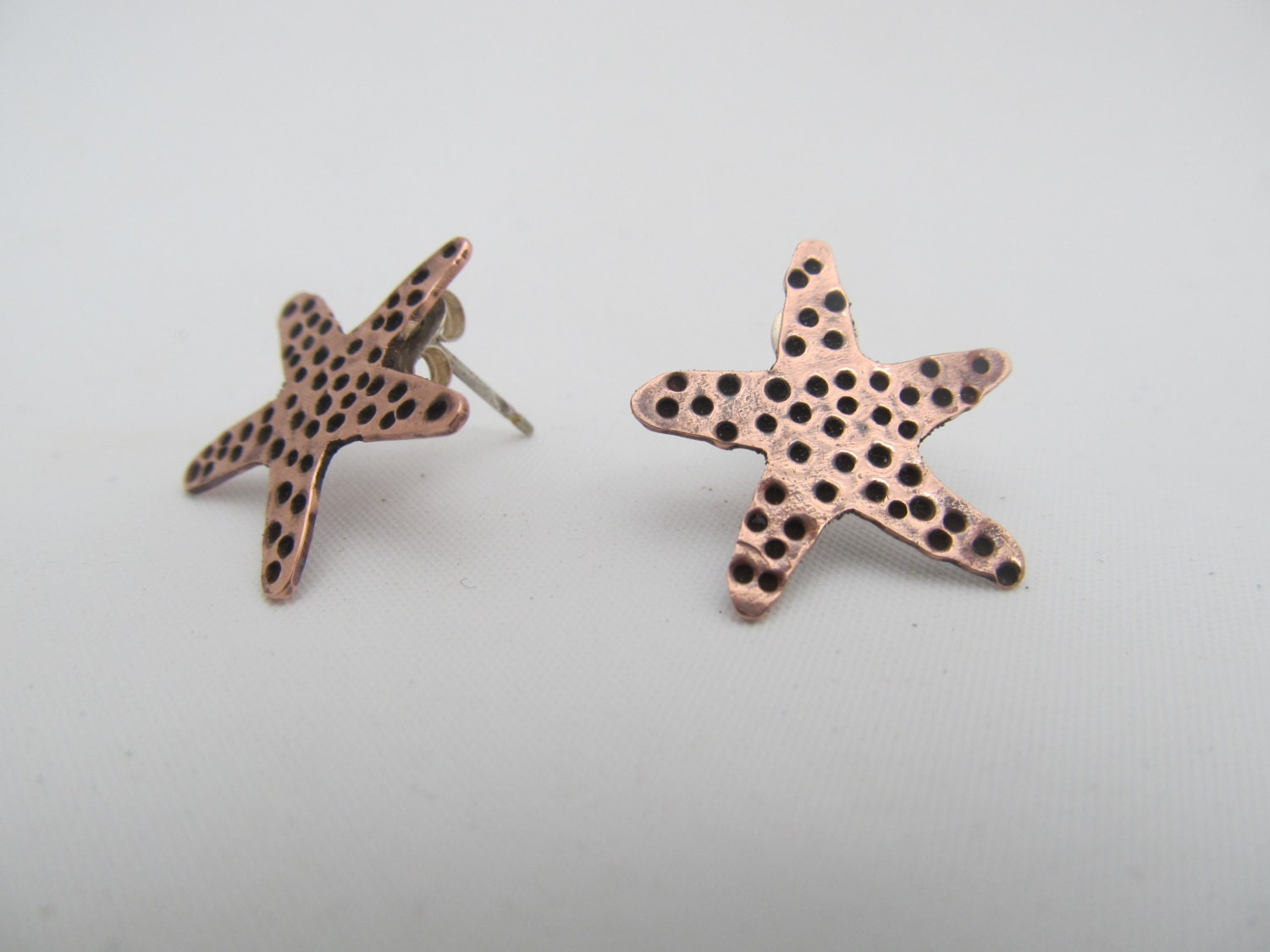 Hand cut copper starfish earrings - handcrafted copper and sterling silver metalwork post earrings