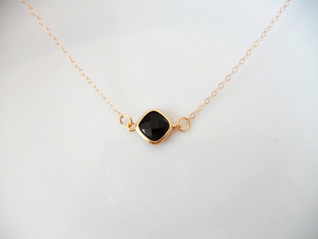 Black crystal in bezel Gold filled necklace-simple everyday jewelry