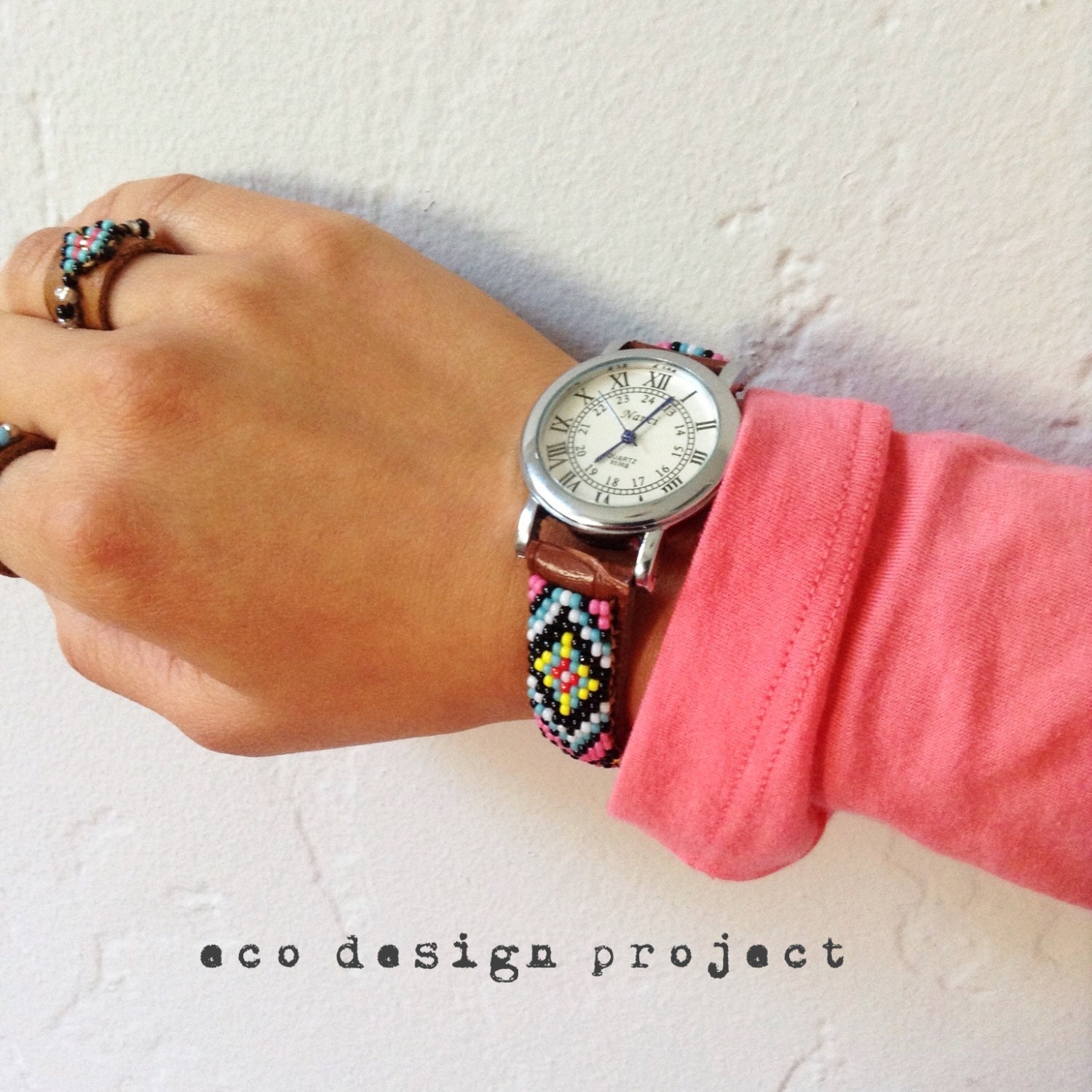 Free shipping US,Native American inspired hand-beaded watch.brown,leather,handmade,hippie,boho,hipster