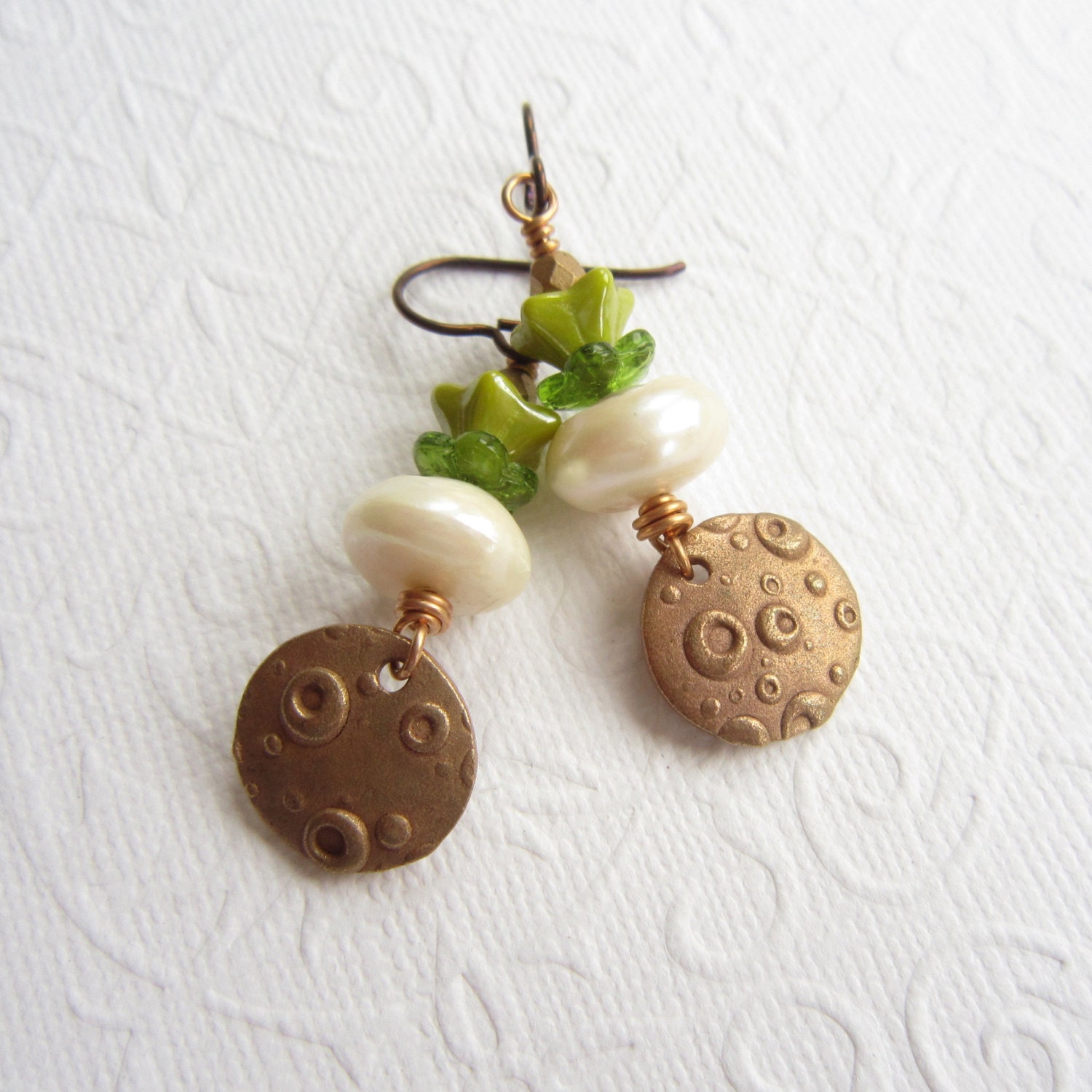 Beaded bronze earrings, rustic pearl earrings, green and gold earrings, handmade earrings