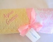 Monogrammed Minky Baby Blanket - Light Yellow with Pink Damask Print - Personalized Girl