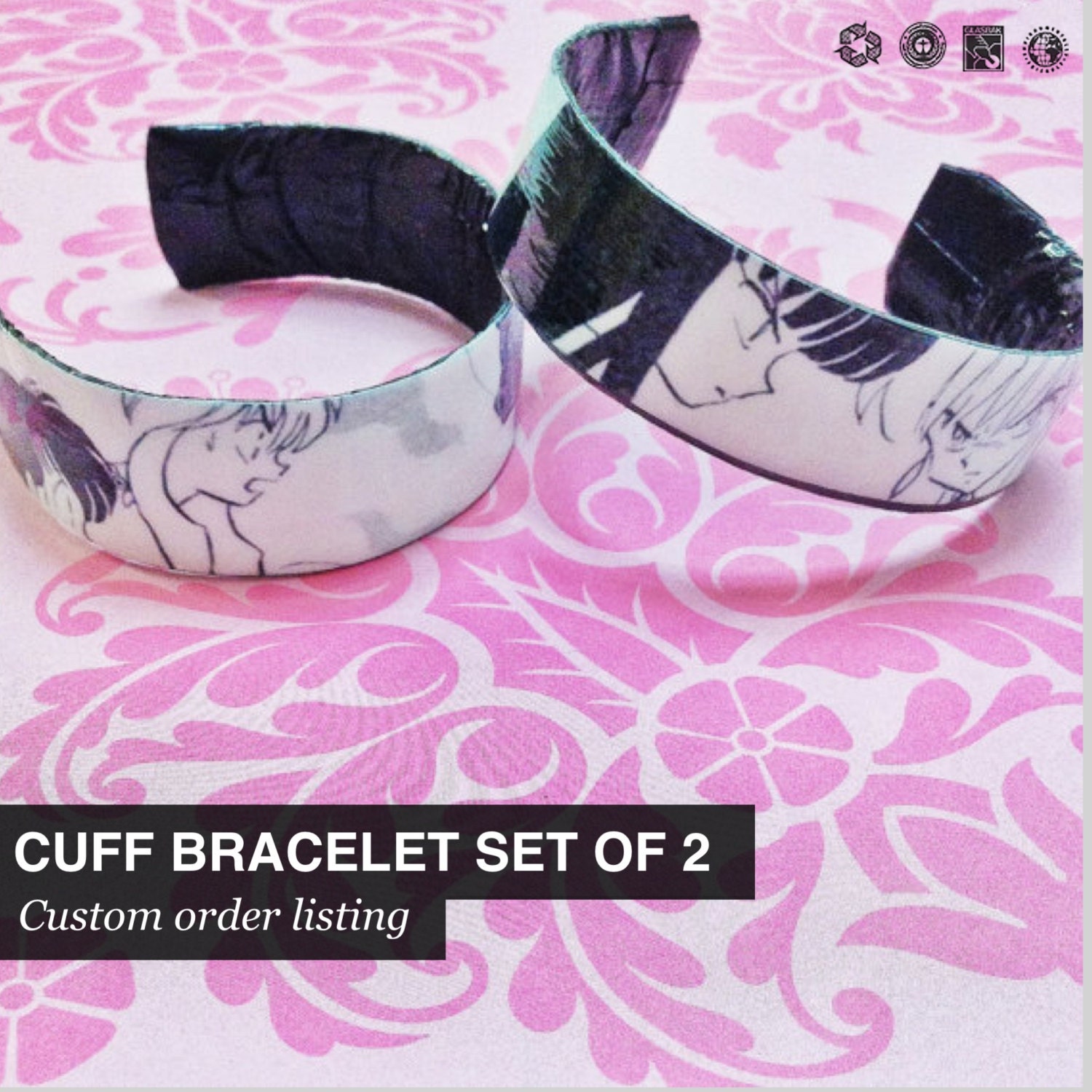 CUSTOM ORDER Cuff Bracelet Set Of Two - Character or Photo of your choice - Free Domestic Shipping