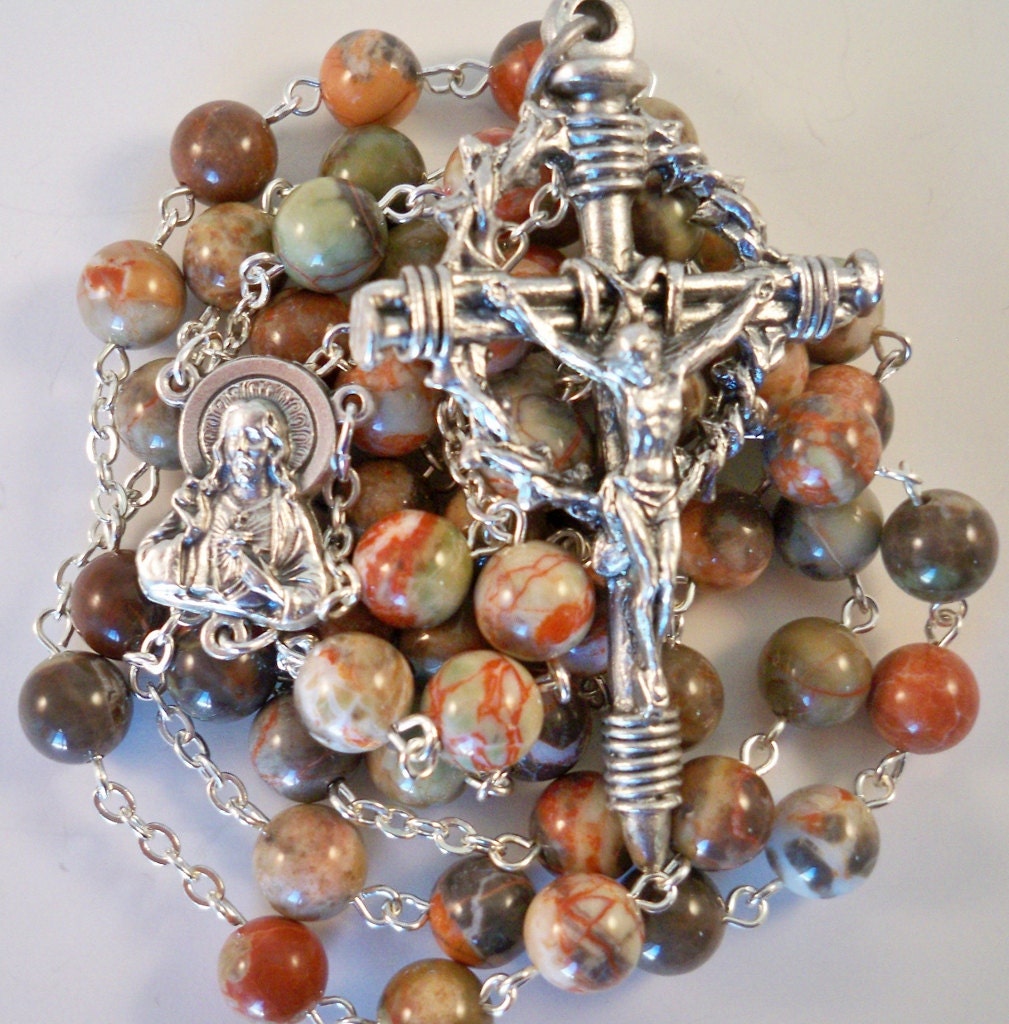 Handmade Catholic Rosary, Dream Jasper, Crown of Thorns and Nails Large Crucifix