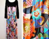 Vintage Early 60s Black Velvet and Psychedelic Groovy Print Maxi Dress Corset Lace Up Small Medium