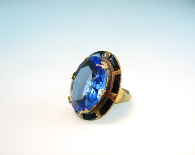 Large Old Bohemian Ring Blue Glass Gilt over Brass with Black Enamel c. 1890s Victorian Ring