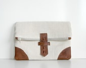 Fold over Clutch Purse Bag Leather Natural Linen Canvas - HelloVioleta