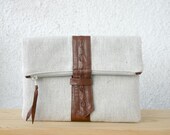 Fold over leather and canvas clutch brown Linen Fashion