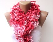 scarf ,women hand knitted ruffled scarf - pink coral red  long scarves ruffle knitting, salsa scarf