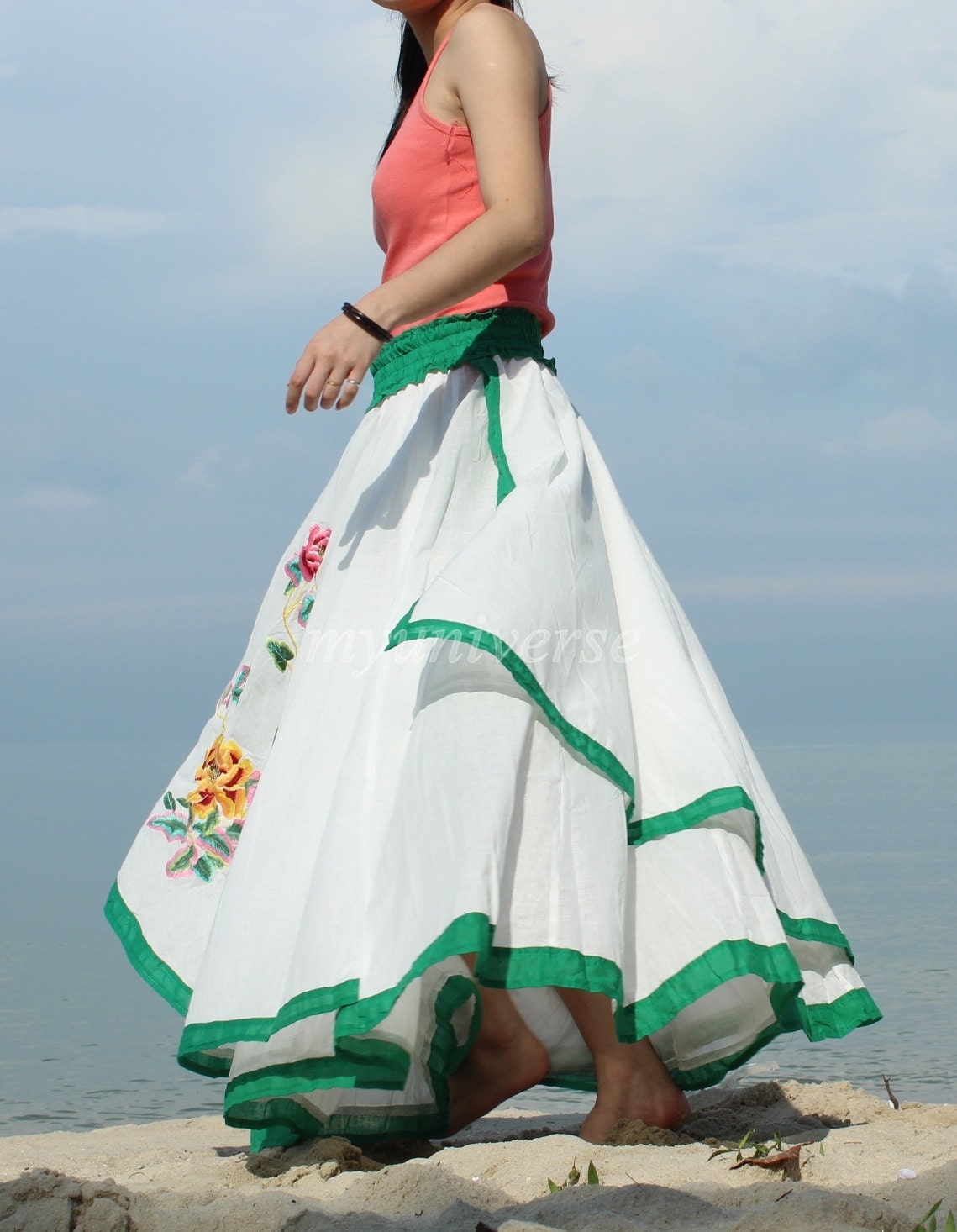 White Long Maxi Skirt Cotton Skirt Women / Embroidered Women Skirt Summer Gifts Ladies