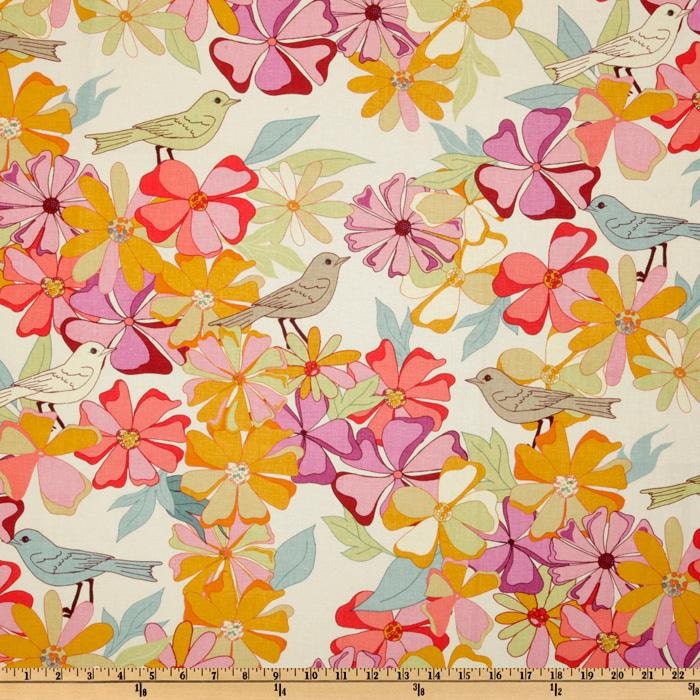 Fabric Linen Cotton JENAVEVE LVW04 - Garden Fresh Pink 54/55" Wide Birds Flowers Valori Wells Grey Pastel Free Spirit Sewing 1 Yard