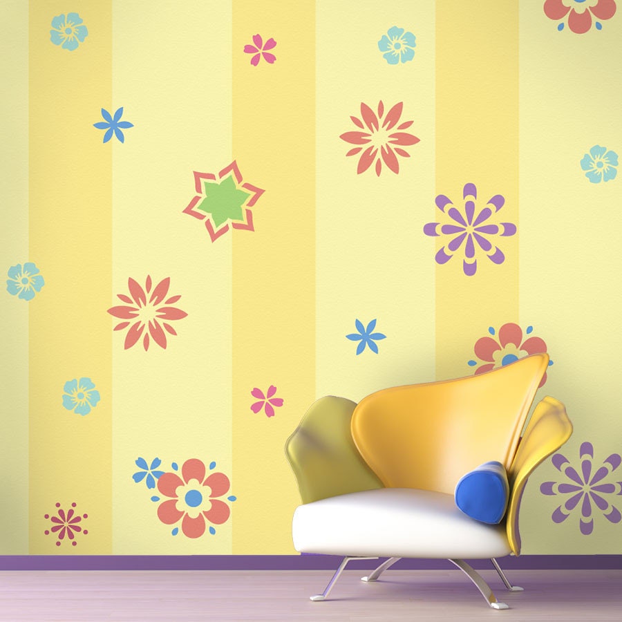 Flower Wall Stencils for Girls Room or Baby Nursery, 16 Self-Adhesive Stencils for Girls Wall Mural
