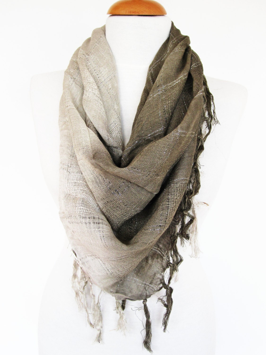 Two Colors Elegant Cotton Fringed Scarf,  Winter Trends, Gift, Headband, Bandana, Khaki / Beige,