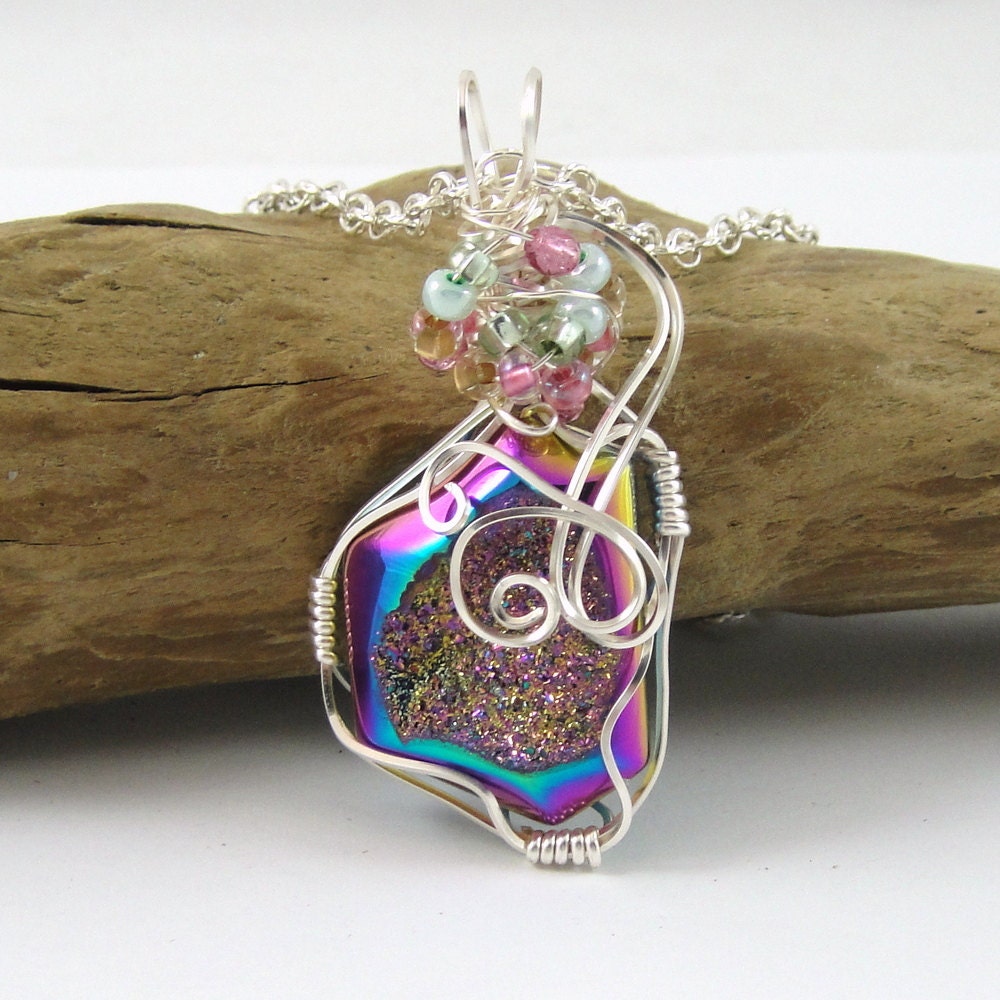 Wire Wrapped Titanium Druzy Agate Gemstone Necklace