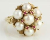 Genuine Akoya Pearl & Ruby Floral Vintage Cocktail Ring - 18k Yellow Gold Flower