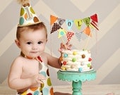Baby boy / Toddler Cake Smash Birthday Outfit including a necktie diaper cover & party hat in Retro Fall Polka Dots