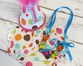 Baby Girl / Toddler First Birthday Cake Smash Outfit With Diaper Cover Party Hat & Necklace in Bright Polka Dots on White