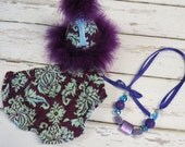 Baby Girl / Toddler First Birthday Cake Smash Outfit With Diaper Cover Party Hat & Necklace in Purple and Aqua Damask