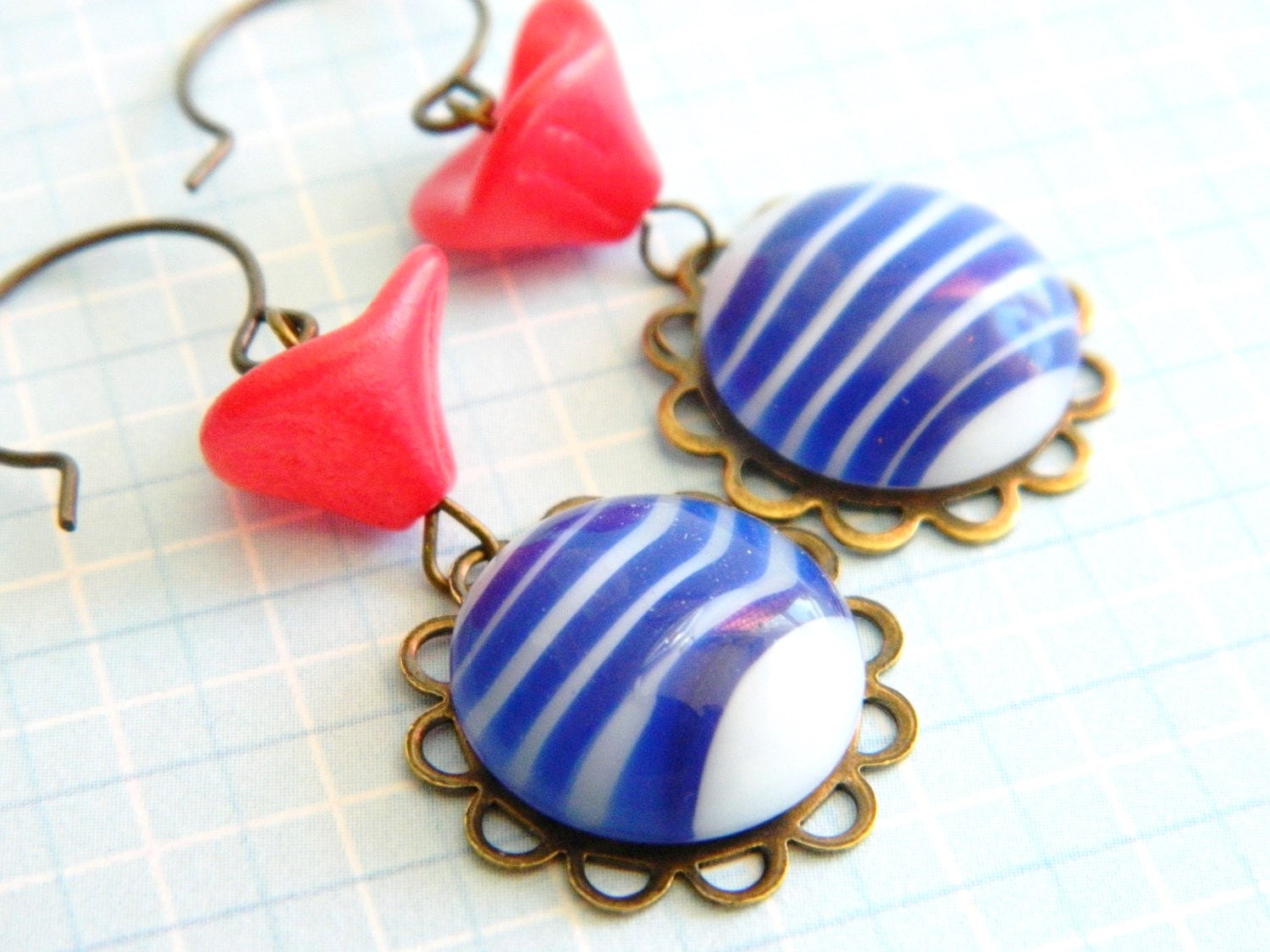 Red White and Blue Earrings, Blue Stripe Earrings, Vintage Earrings, 4th of July Earrings, Retro Earrings, Patriotic Summer Earrings