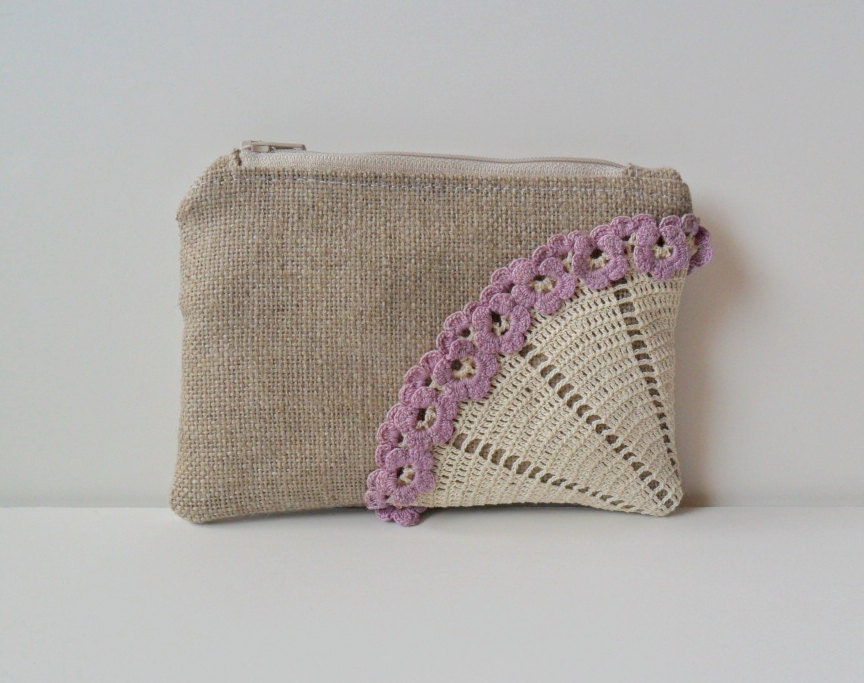 Lavender Burlap Zipper Clutch Vintage Floral Doily - Burlap iPhone Case - Bridesmaid Gift - Rustic Wedding Pouch