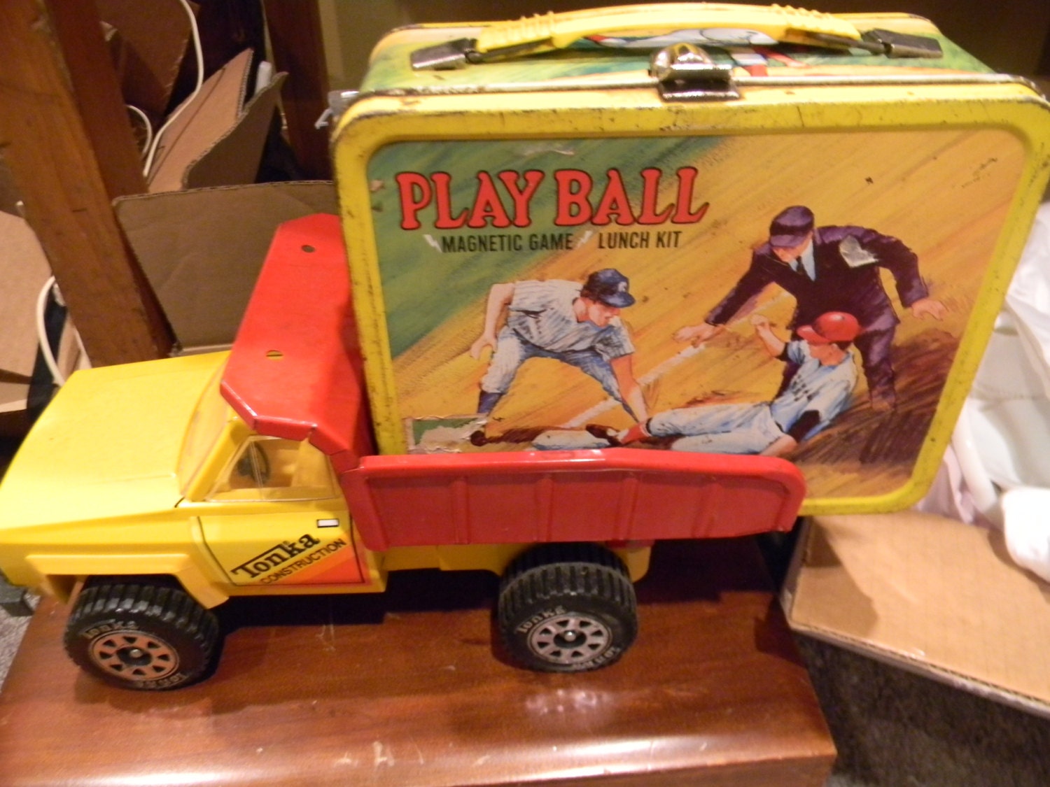 Tonka Mighty Dump 1980s Construction Truck. 1969 Play Ball collectable lunch box .cars trucks toys. Kids vintage toys. Tonka Trucks