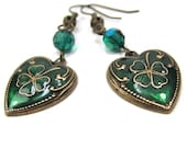 Enamel Heart Shamrock Clover Earrings, Antique Gold Finish, Emerald Swarovski Crystals. St Patricks Day - CatjuHandmadeJewelry