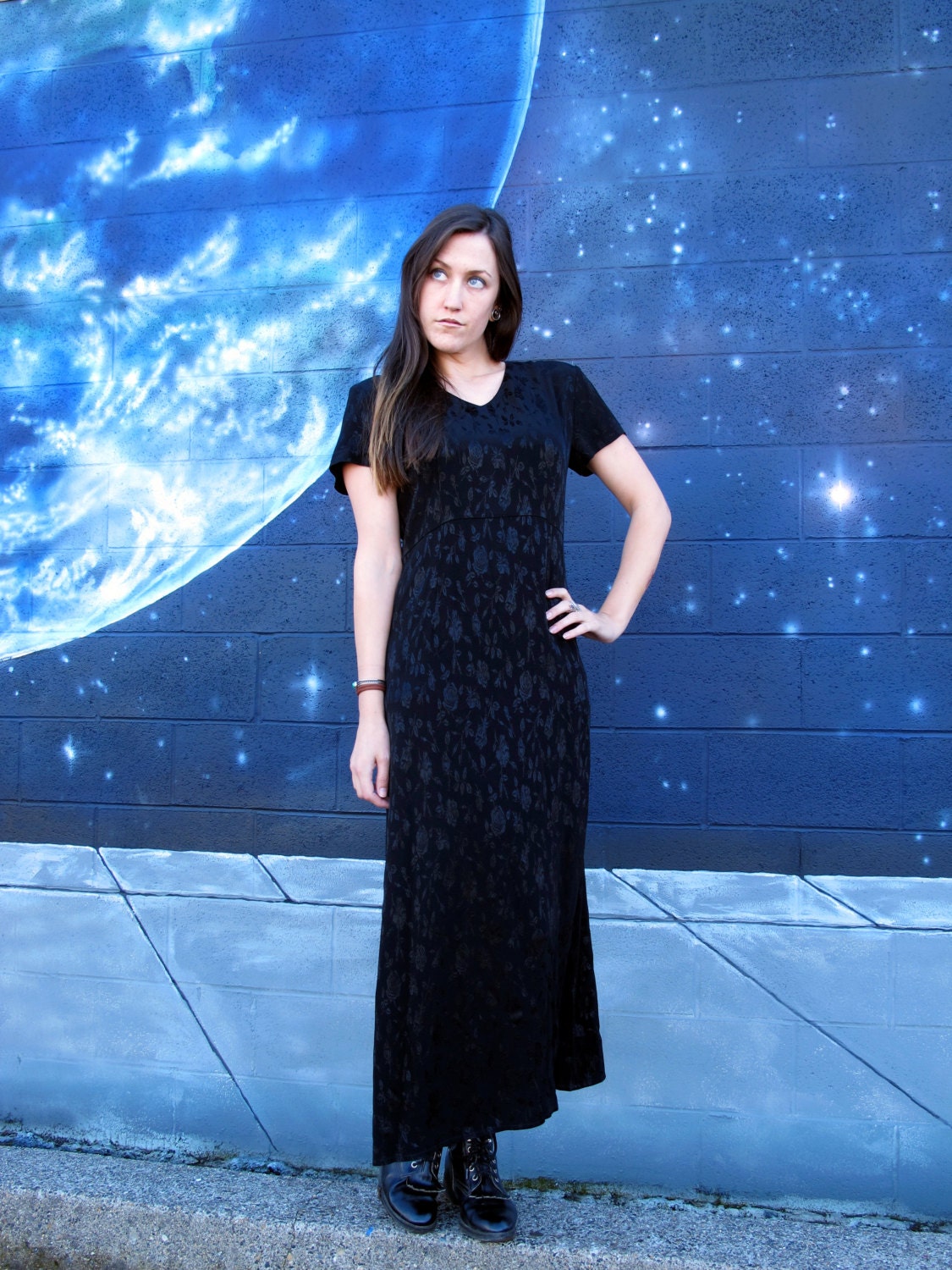SALE 1990s Silky Black Rose Maxi Dress Fitted // Size Medium / Small