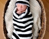 Photo prop  knit baby Zebra cocoon  set black and white -pod-sack and hat-