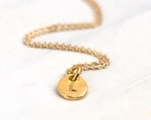 Tiny Gold Initial Necklace / Hand Stamped Disc Gold Monogram Necklace / Personalized Gift