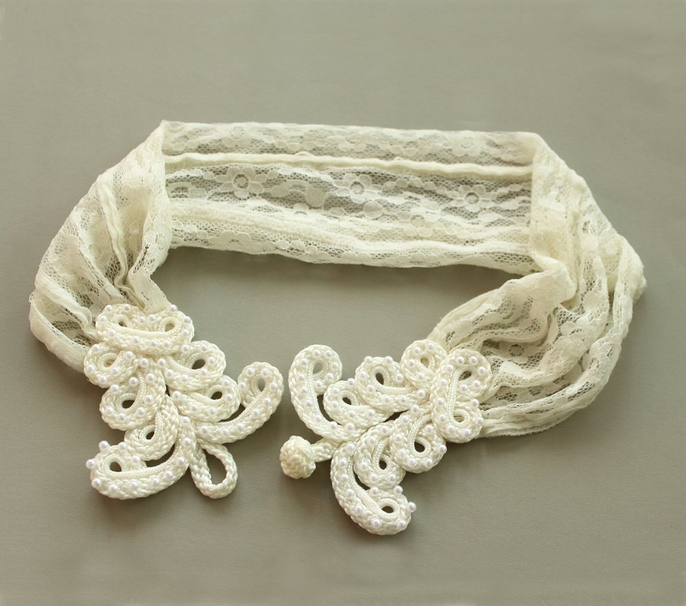 Ivory Lace Bridal Headband, Pearl Beads Applied Cottage Style Head Piece. Handmade and One-of-a-Kind Item